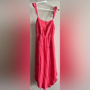 Lulu’s Himalayan Breeze Coral Pink Embroidered Midi Dress.